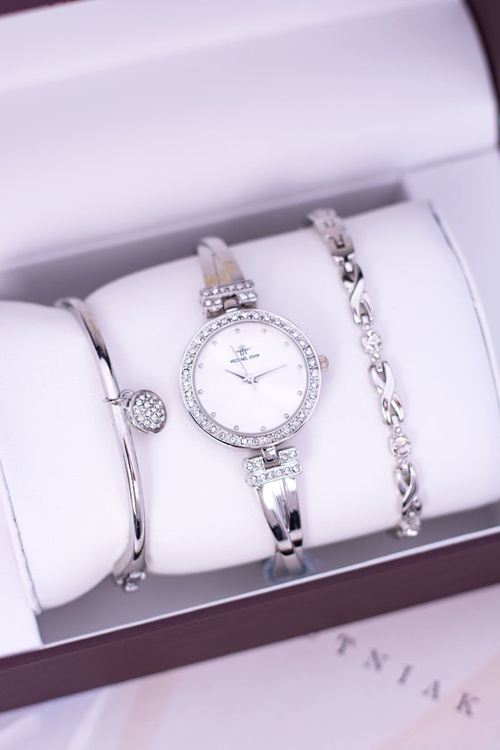 Zestaw Michael John Damski Srebrny Zegarek Z Cyrkoniami Dwie Bransolety