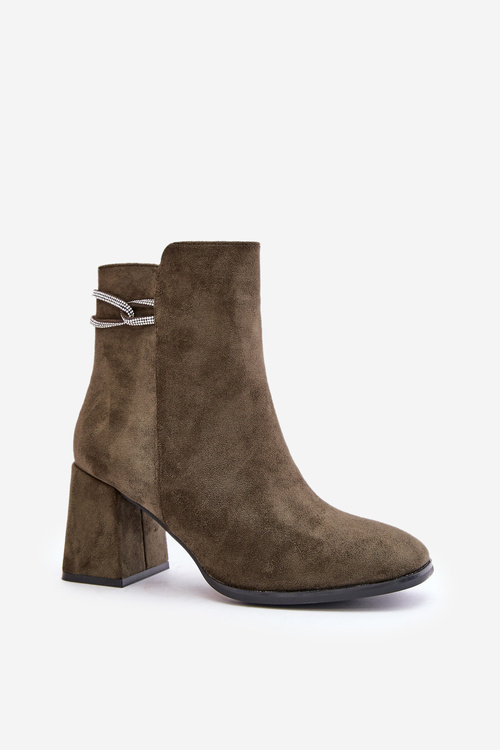 Ocieplane Botki Damskie Na Słupku Eko Zamszowe Ciemnozielone Saivia