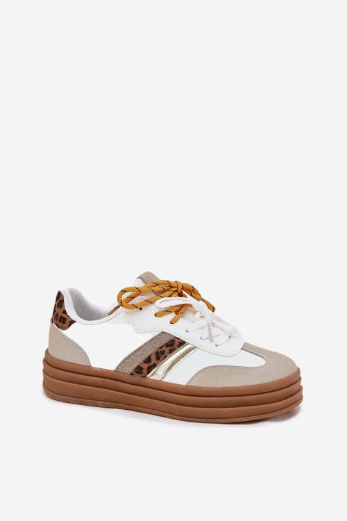 Sneakersy Damskie Na Platformie Z Podwójnym Sznurowaniem Panterka Białe Niteria