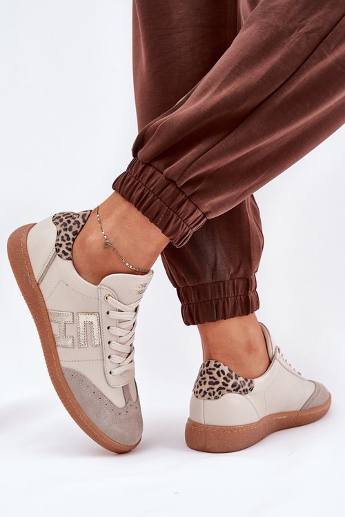 Skórzane Buty Sportowe Sneakersy Damskie Panterka CheBello 4640 Beżowe