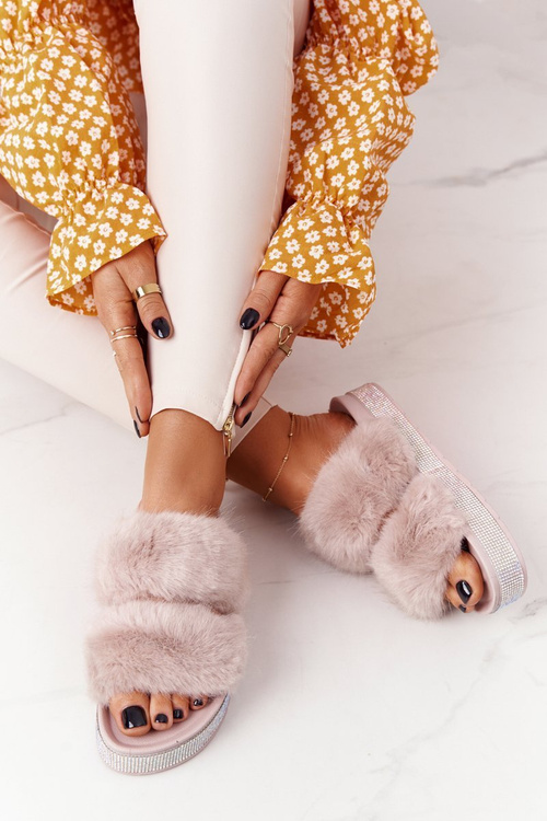 Klapki Na Platformie Z Futerkiem I Cyrkoniami Beżowe Wow!