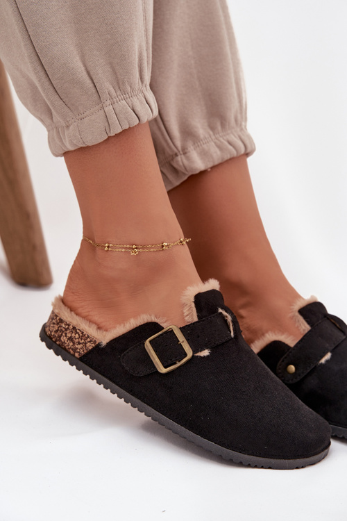 Klapki Chodaki Damskie Ocieplane Futerkiem Z Klamrą Czarne Sylisse