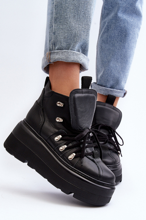 Zazoo 3416 Skórzane Damskie Buty Sportowe Czarne