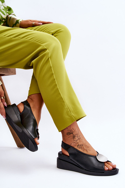 Damskie Skórzane Sandały Na Koturnie Czarne Justice