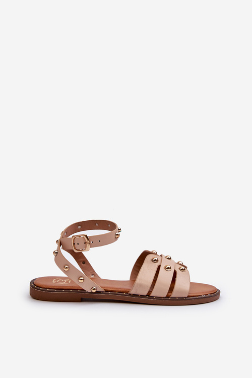 Zdobione Sandały Damskie Na Płaskim Obcasie Beżowe Ianaera