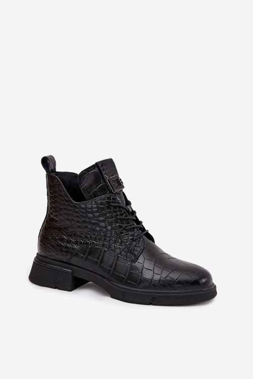 Skórzane Botki Z Ozdobnym Tłoczeniem Ocieplane Vinceza 66815 Czarne