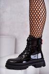 Damskie Lakierowane Botki Workery Sznurowane Czarne Conny