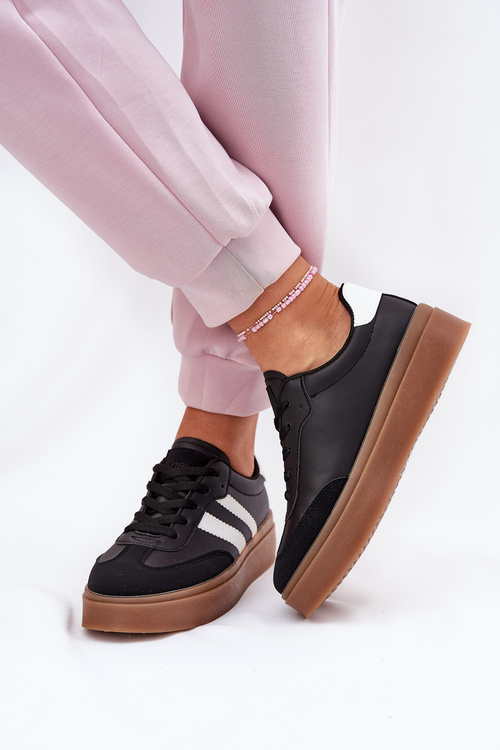 Sneakersy Damskie Na Platformie Z Eko Skóry Czarne Elaraven