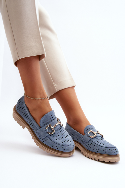 Mokasyny Damskie Ażurowe Z Ozdobą Niebieskie Talesse