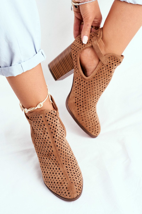 Botki Damskie Na Słupku Zamszowe Ażurowe Camel Morrena