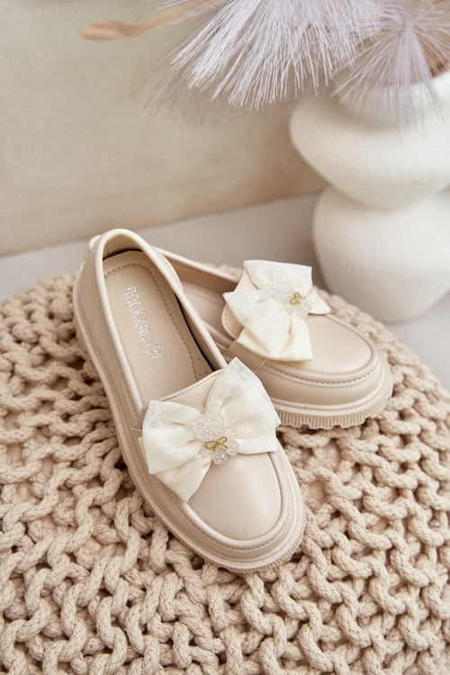 Mokasyny Dziewczęce Z Kokardą Eko Skórzane Beżowe Avallesa