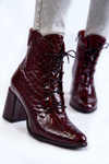 Damskie Lakierowane Botki Na Obcasie Krokodyli Wzór Bordowe Alva