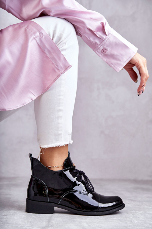 Lakierowane Botki Trzewiki Sznurowane Nicole 2781 Czarne