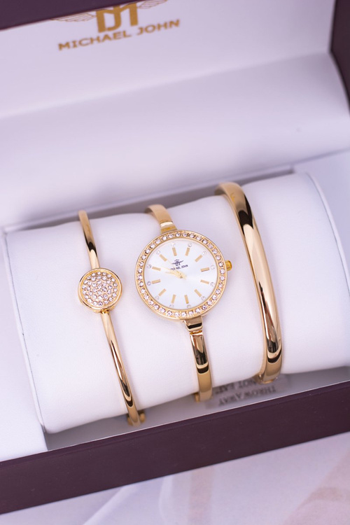 Zestaw Michael John Złoty Zegarek Dwie Bransolety