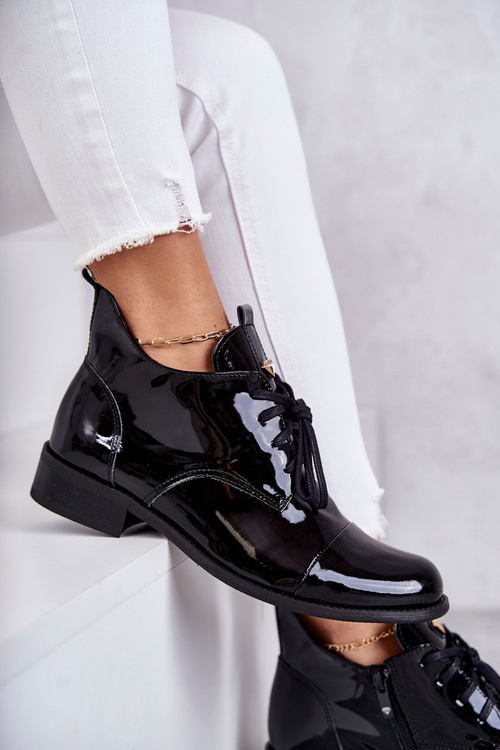 Lakierowane Botki Trzewiki Sznurowane Nicole 2781 Czarne