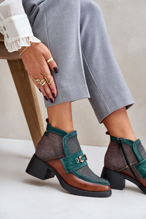 Skórzane Botki Damskie Na Masywnym Obcasie Z Ozdobą Maciejka A6747-29 Brązowo-Zielone