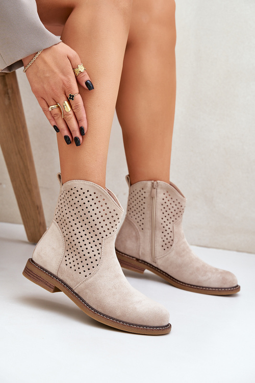 Ażurowe Botki Na Płaskim Obcasie Jasnobeżowe Zinollia