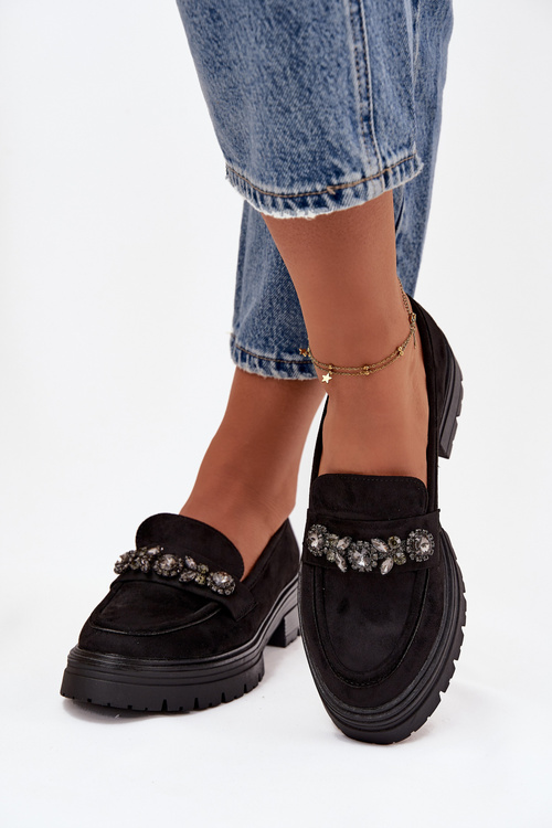 Mokasyny Damskie Z Kryształkami Eko Zamszowe Czarne Lavisse