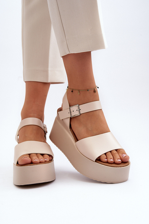 Damskie Sandały Na Koturnie Beżowe Geferia