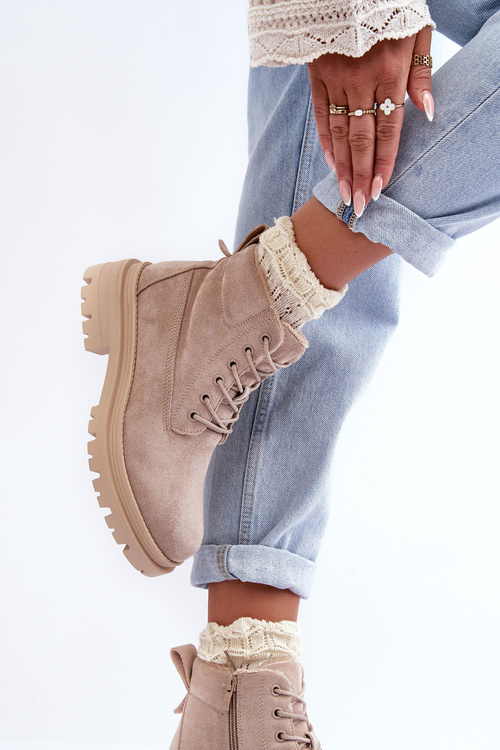 Zamszowe Trapery Botki Ocieplane Beżowe Alden