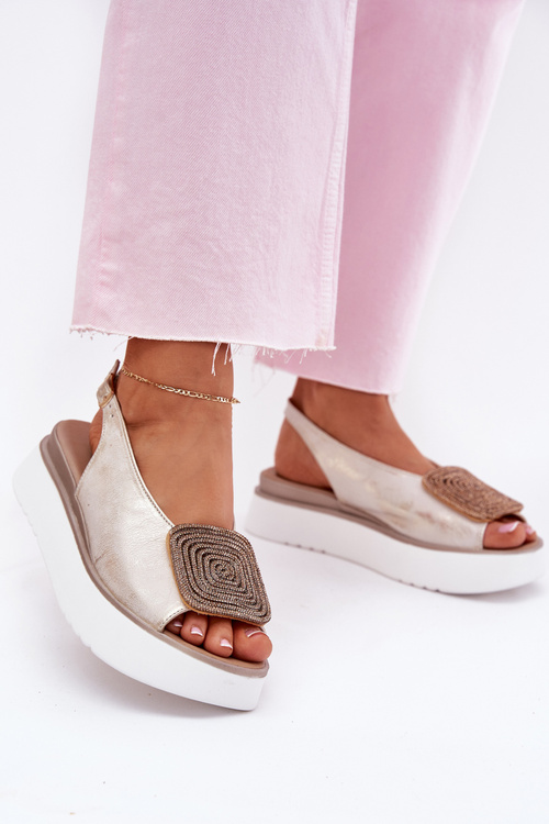 Zazoo 1786 Skórzane Sandały Damskie Na Platformie Z Ozdobą Złoty Przecierany