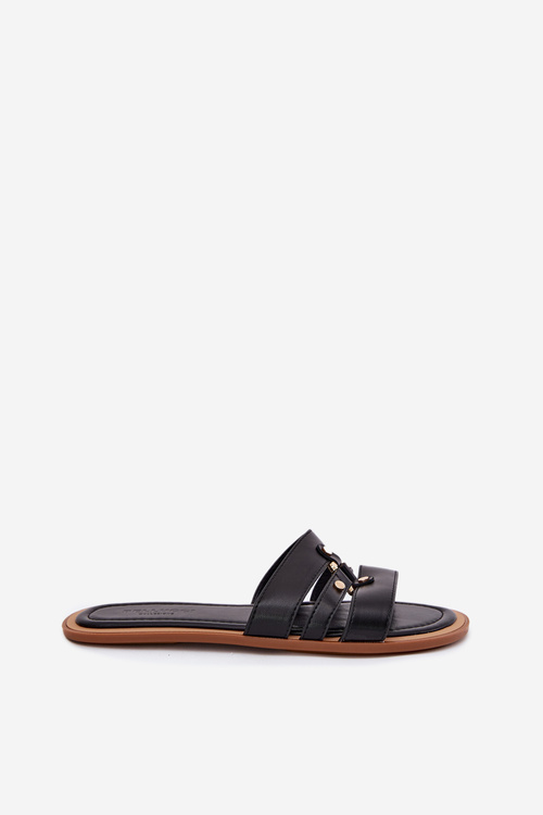 Płaskie Klapki Damskie Ze Złotym Detalem Czarne Noroti