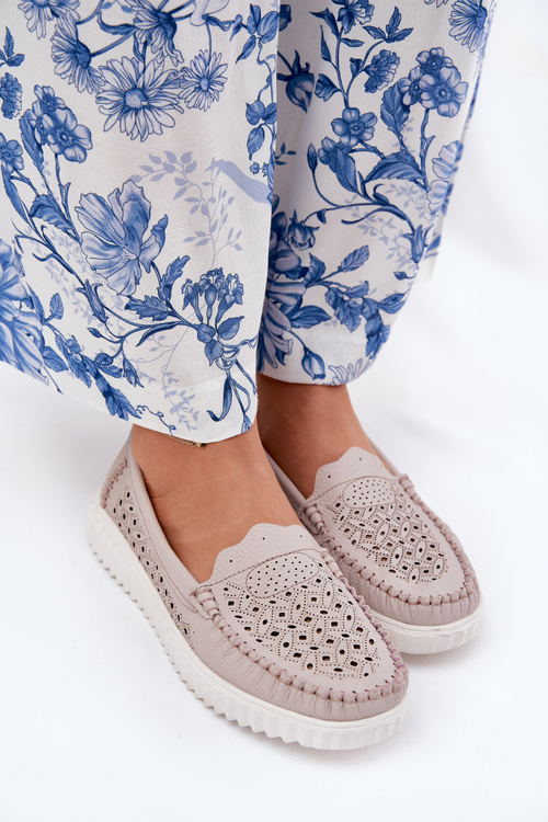 Skórzane Mokasyny Damskie Z Ażurowym Wzorem Vinceza 88028 Beżowe