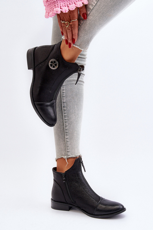 Damskie Botki Na Płaskim Obcasie Z Zamkiem Czarne Loratie