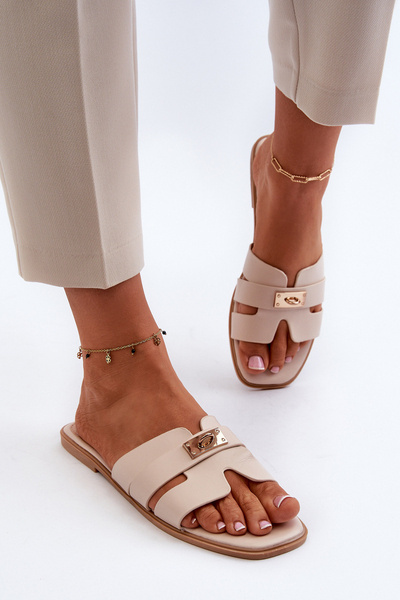 Klapki Damskie Płaskie Z Ozdobą Beżowe Kavinia