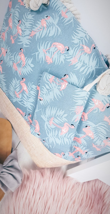 Plażowa Duża Niebieska Torebka Torba Damska Flamingi