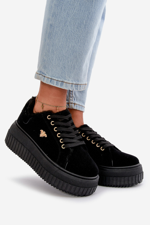 Sneakersy Damskie Ocieplane Na Masywnej Podeszwie Ze Złotym Detalem Czarne Lotira