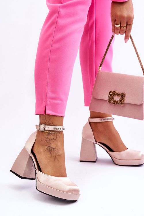 Modne Czółenka Na Masywnym Obcasie Z Cyrkoniami Beżowe Adel