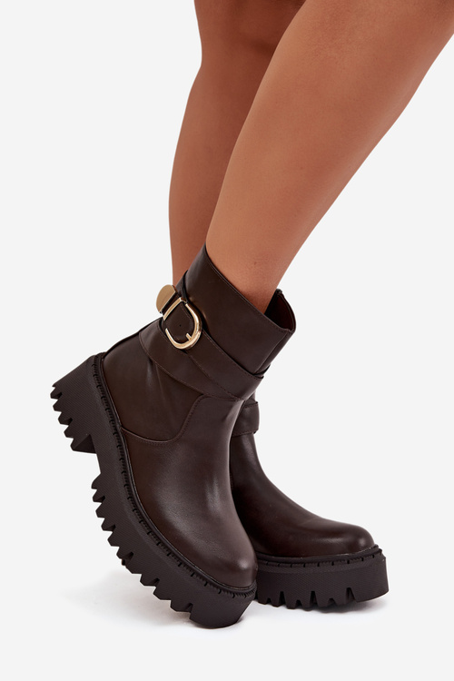 Ocieplane Botki Damskie Ze Złotą Klamrą Czekoladowe Elanore