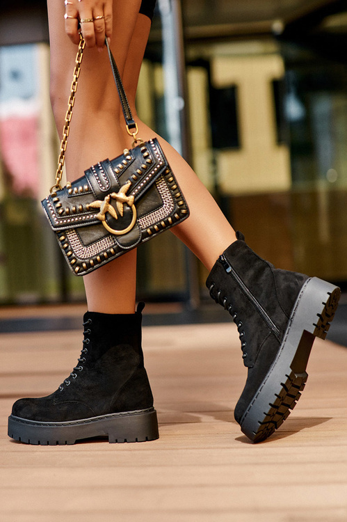 Zamszowe Botki Workery Damskie Czarne Dearia