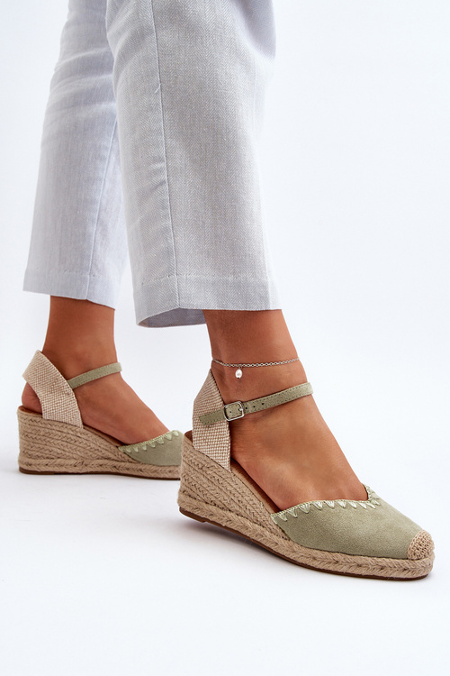 Zamszowe Sandały Espadryle Na Koturnie Z Plecionką Zielone Raylin