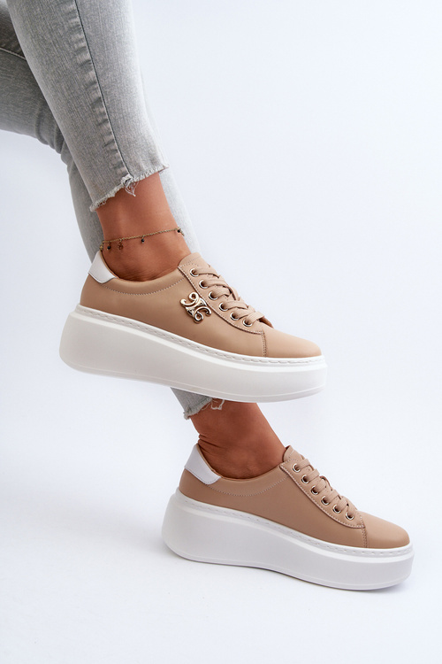Skórzane Sneakersy Damskie Na Platformie Brązowe Pernalia