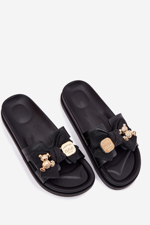 Klapki Damskie Z Kokardą I Złotą Broszką Czarne Lynara
