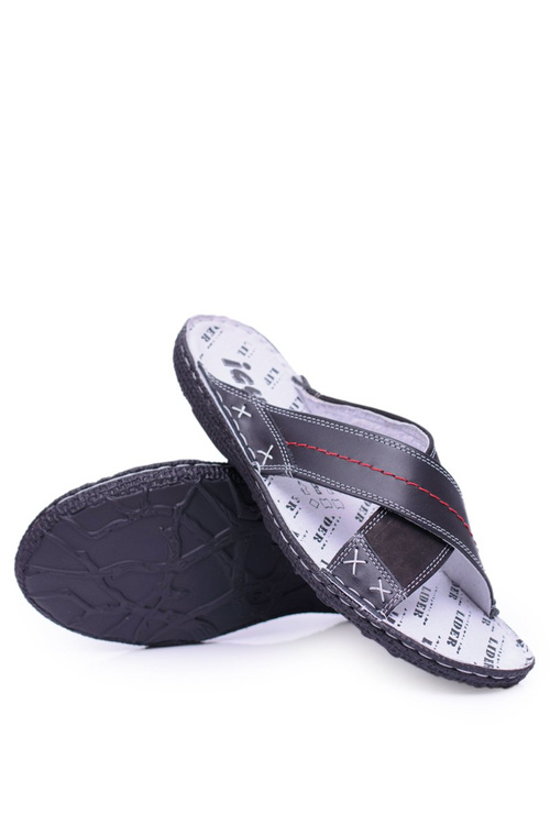 Czarne Lekkie Skórzane Męskie Klapki Okay