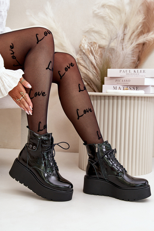 Zazoo 60499 Lakierowane Damskie Botki Na Platformie I Koturnie Ocieplane Skóra Naturalna Ciemnozielone