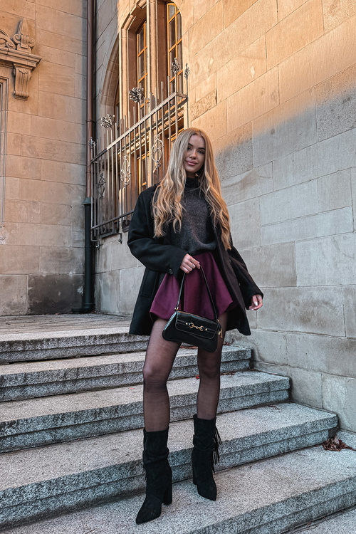 Botki Damskie Na Słupku Z Frędzlami I Marszczeniem Ocieplane Czarne Darlina