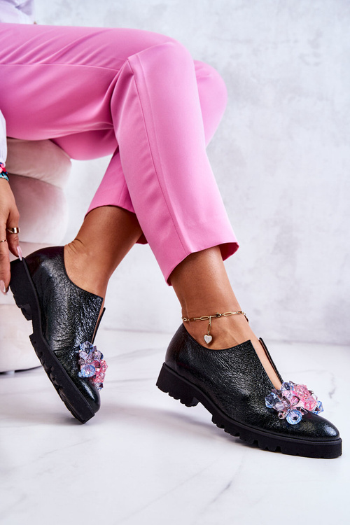 Eleganckie Skórzane Półbuty Z Ozdobą Ciemnozielone Cindy