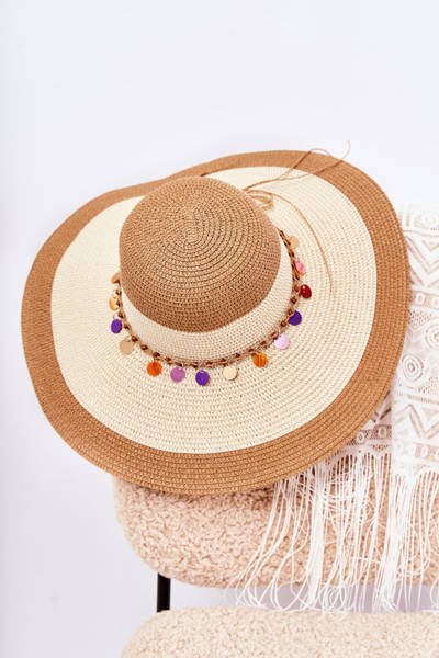 Słomiany Kapelusz Z Ozdobnym Paskiem Beżowo-Brązowy Lanetta