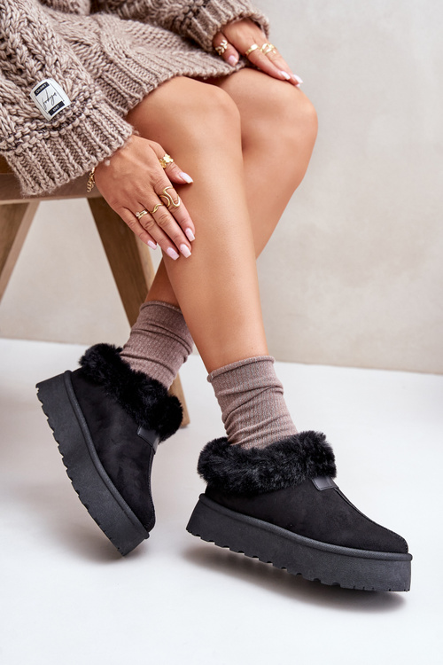 Śniegowce Z Niską Cholewką Z Futerkiem Na Platformie Eko Zamszowe Czarne Neathoria