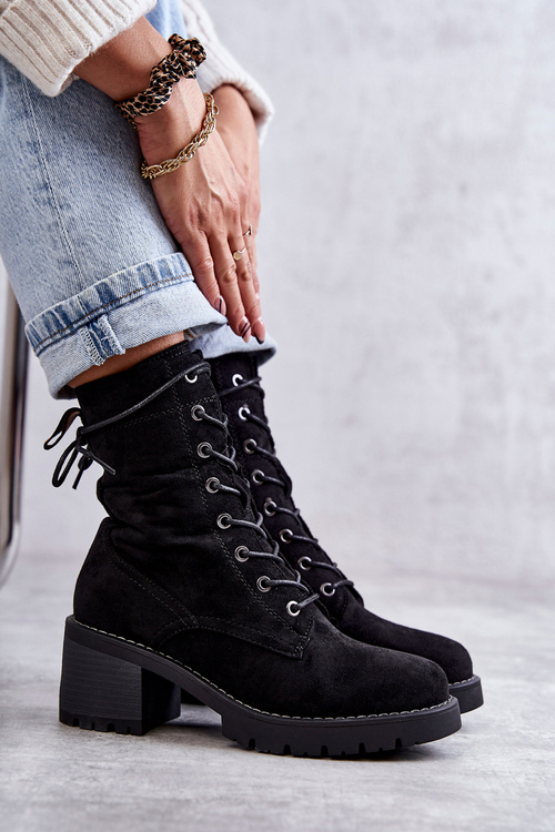 Damskie Ocieplane Botki Trapery Na Obcasie Czarne Julieta