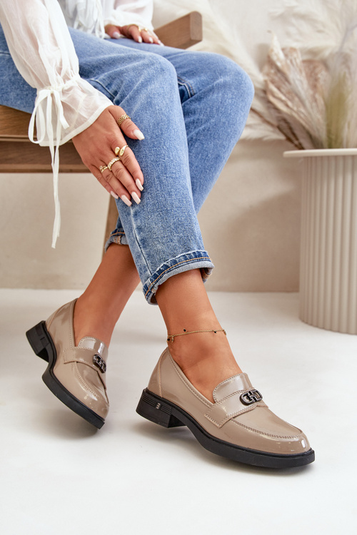 Lakierowane Mokasyny Damskie Ze Skóry Naturalnej Khaki Vinceza 58409