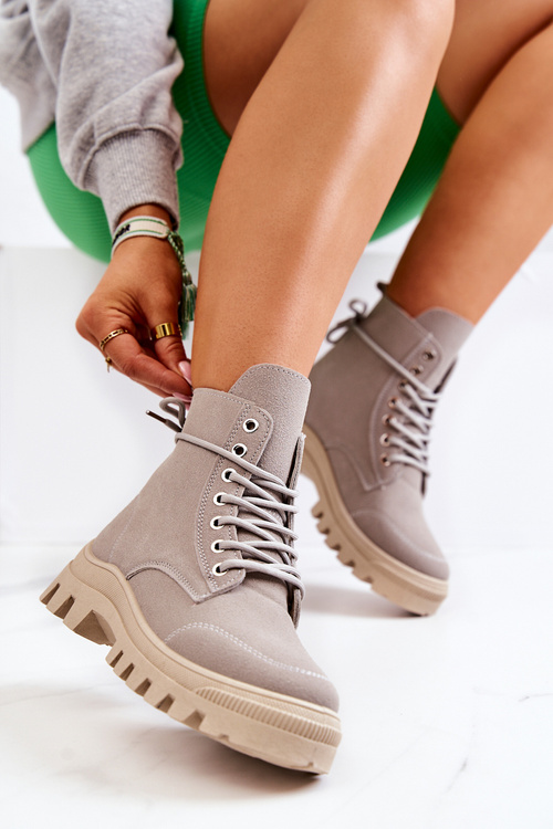 Zamszowe Botki Trapery Wiązane Szare Hurricane