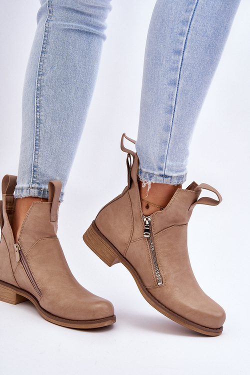 Damskie Skórzane Botki Na Płaskim Obcasie Beżowe Artemis