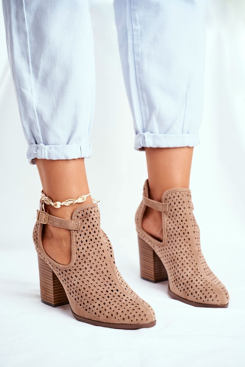 Botki Damskie Na Słupku Zamszowe Ażurowe Beżowe Morrena