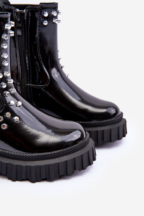 Lakierowane Botki Sztyblety Dziewczęce Zdobione Dżetami Czarne Adelie