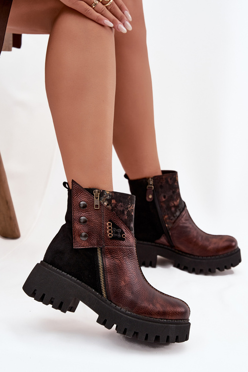 Skórzane Ocieplane Botki Na Platformie I Płaskim Obcasie Maciejka 06140-02 Brązowe